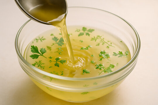 Pouring Clear Broth Soup with Herbs into Glass Bowl