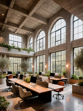 Open Plan Office Interior with Natural Light and Indoor Plants. AI genetrated