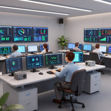 Claymation Cybersecurity Visualization Layout. Modern Control Room With Multiple Screens And Workstations For Data Monitoring, Suitable For Cybersecurity Or It Operations