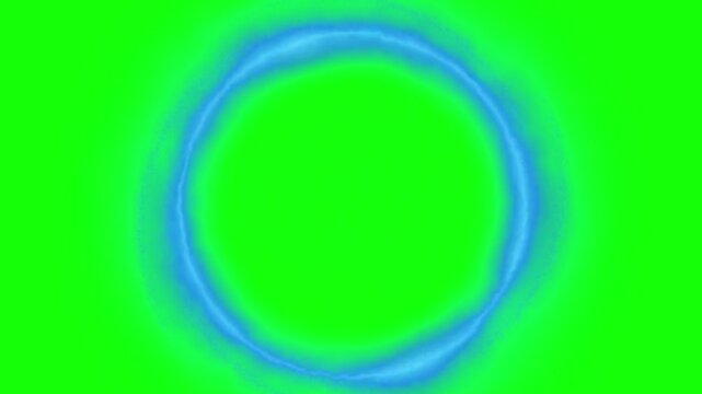 Three glowing blue neon circles rotating against a bright vibrant solid green screen background with spinning continuously against displays three circular video displays