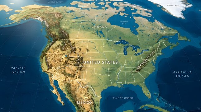 Topographic physical map of north america and united states