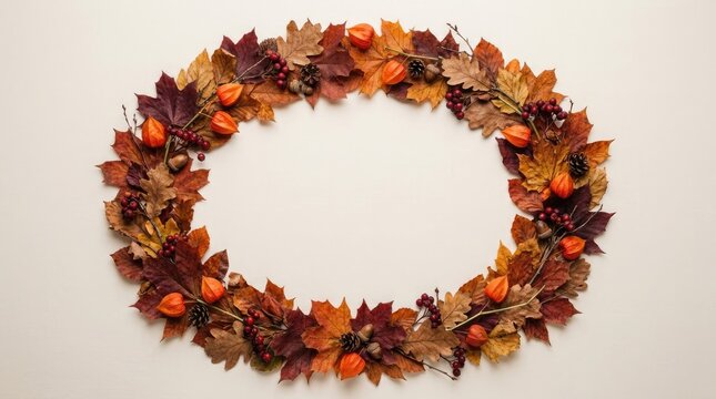 A beautiful circular wreath made of vibrant autumn leaves and small berries isolated on a plain white background