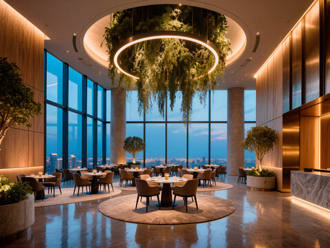 Upscale Restaurant Dining Area with City Skyline View in High-Rise Building. AI generated