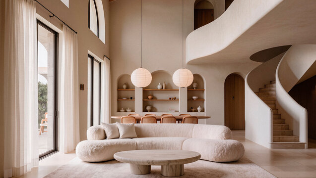 Spacious Living Room with Spiral Staircase and Curved Sofa