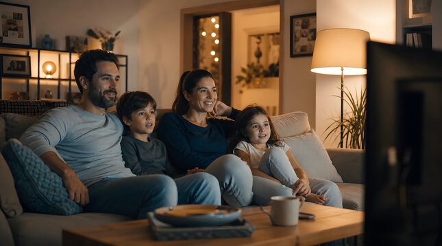 Happy Family Sitting Together on the Sofa Watching Television in Their Cozy Living Room at Night.