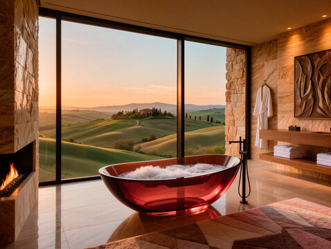 Luxury Bathroom with Scenic View. AI generated