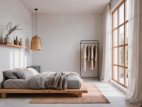 Spacious Bedroom Interior with Platform Bed and Rattan Pendant Light. AI generated