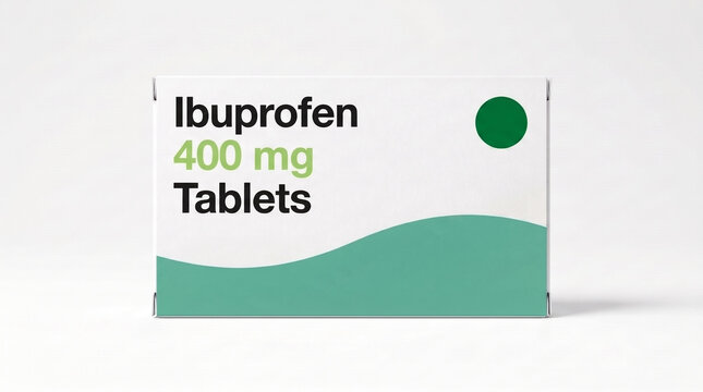 Ibuprofen 400mg pain relief medicine cardboard box packaging on white background