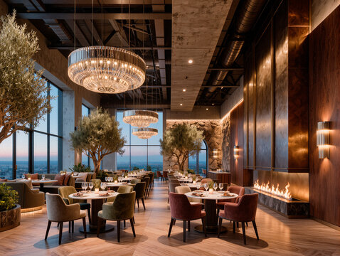 Upscale Restaurant Dining Area with City Skyline View in High-Rise Building. AI generated