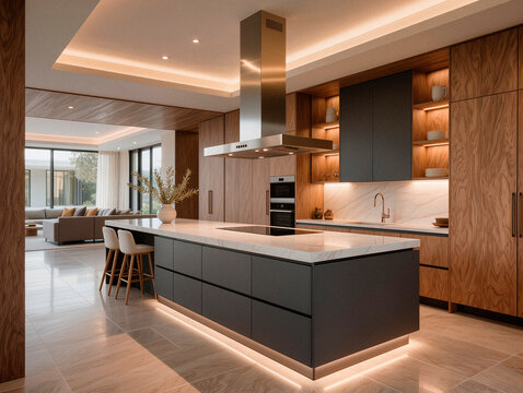 Contemporary Open-Plan Living Room and Kitchen Interior. AI generated
