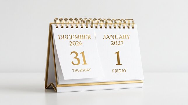 Desk calendar shows changing years. Transition from 2026 to 2027. Time for annual vacation planning. Time schedule concept. Paper desk calendar close up. Happy New Year, the start of the new year 
