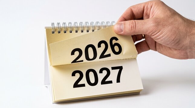 The year is changing. Hand flips calendar page from 2026 to 2027. New year planning begins. Time passes quickly. The year 2026 is ending soon. Welcome the new year 2027. Happy New Year