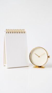 Blank vertical desk calendar mockup standing on white background. time management concept. Minimalist desk calendar and round clock close up. Perfect setup for time passing and deadline concept