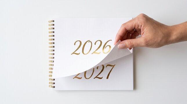  new year 2027. Minimalist desk calendar on white background. Hand tears off the old year page. Concept of business deadlines. Happy New Year, the start of the new year 