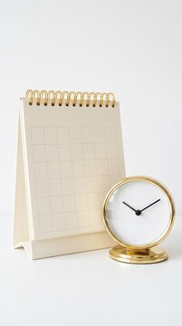 mockup for new year goals and tasks. Blank desk calendar mockup for custom design presentation. concept for work plan and business strategy. Spiral blank calendar standing next to small clock.