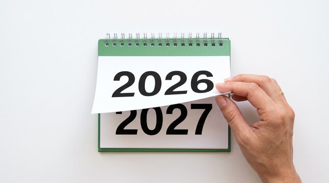 The year is changing. Hand flips calendar page from 2026 to 2027. New year planning begins. Time passes quickly. The year 2026 is ending soon. Welcome the new year 2027. Happy New Year