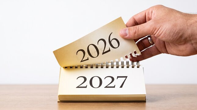 Hand reveals 2027 calendar page. New opportunities are coming. Paper desk calendar close up. Turning page for 2027 year. Starting new business period. Happy New Year, the start of the new year 