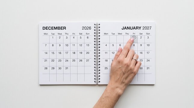 Planning future business goals. Flipping page to 2027 year. Time management and reporting. End of 2026 year project. A  paper desk calendar. The year 2027 begins on the calendar. Happy New Year