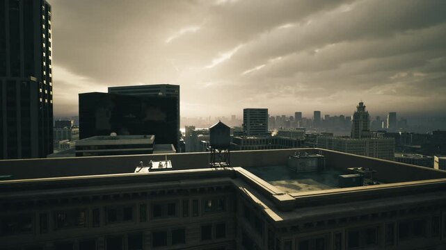 Moody atlanta rooftop skyline under storm heavy clouds gathering over distant towers, empty parapet and concrete textures, dramatic horizon and low light