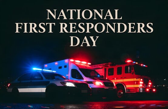 National First Responders Day Banner with Police Car Ambulance and Fire Truck at Night