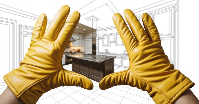 Close up view of a construction worker wearing yellow leather work gloves while framing a new modern kitchen interior design project