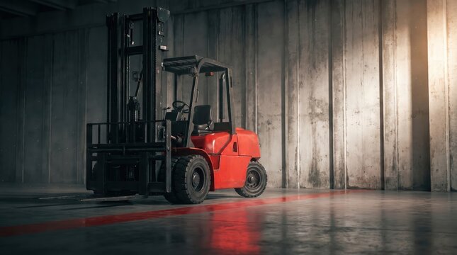 Bright red forklift parked on a smooth concrete floor inside a large industrial warehouse with vertical wall panels and soft natural light streaming from the side