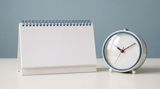 Spiral desk calendar with empty white page. Classic alarm clock stands beside planner mockup. Great background for work reporting and project goals. Blank desktop calendar mockup for new year. 
