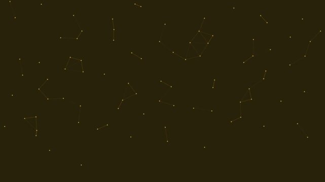 Glowing golden constellation points moving in a dark digital web animation sequence demonstrating advanced particle connectivity and abstract network nodes shifting gracefully within this sophisticate