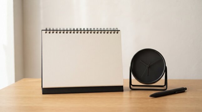 : Minimalist desk calendar and clock close up. Clean white workspace with copy space available. Perfect for 2027 and 2028 event planning. Concept of business reporting and new beginnings.