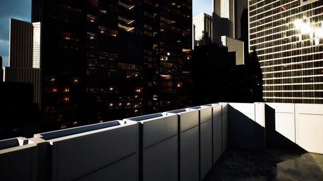 Spacious rooftop foreground for corporate branding against Dallas skyline, reflective glass towers and clean parapet offering premium urban advertising