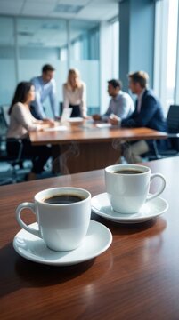 Two steaming cups of coffee on a wooden table in a modern office with a blurred business meeting in the background