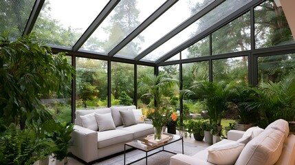 Fototapeta premium A bright glass conservatory filled with lush green plants and comfortable white sofas under a transparent roof