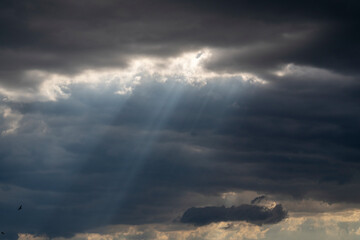 Obraz premium Dark clouds with rays of light in the sky above a landscape during the afternoon