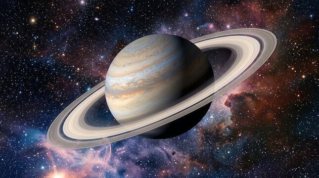 View of planet saturn with characteristic rings in outer space, astronomy