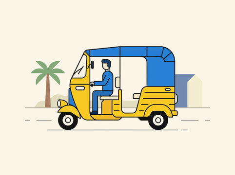 A yellow and blue auto rickshaw with a driver inside illustration.