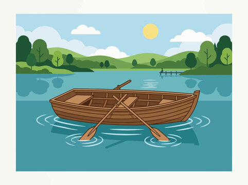 Brown wooden rowboat with two oars floating on the water.