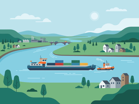 Cargo ship barge and tugboat navigating a river landscape illustration.