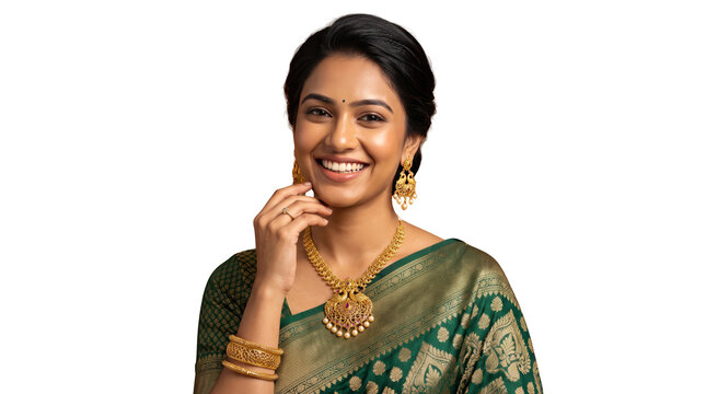 Smiling young woman wearing elegant green traditional saree with luxurious gold jewelry isolated on transparent background