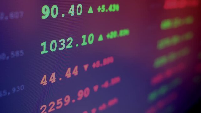 Stock market with price data and trading numbers on screen, financial investment concept