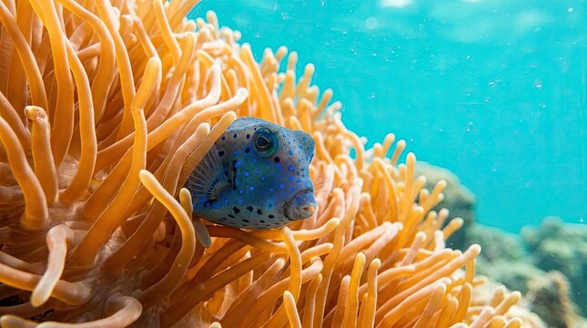Blue spotted boxfish hiding in orange sea anemone underwater