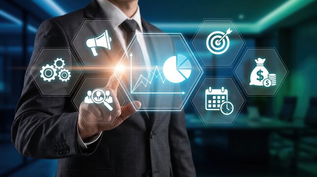 Businessman interacting with digital interface showing business analytics and strategy suit touchscreen