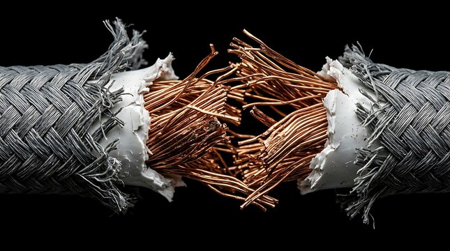 Broken thick copper wire with frayed braided sleeve isolated on black background. Power failure concept.