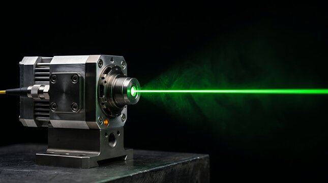 Industrial laser device emitting a green beam in a dark laboratory, isolated on transparent background. Ideal for.