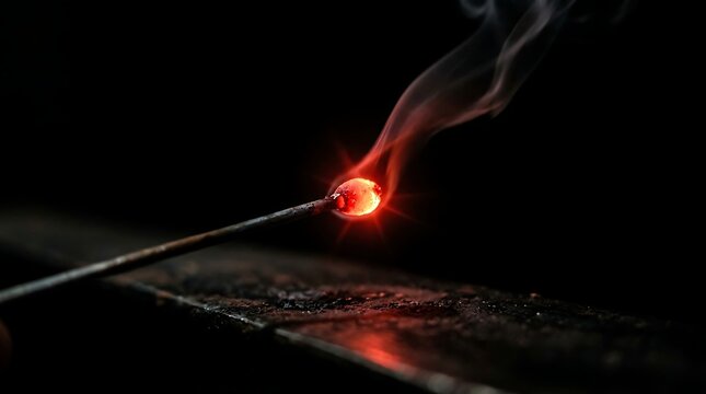 Glowing match head with rising smoke against dark background, isolated on transparent background. Conceptual theme for.