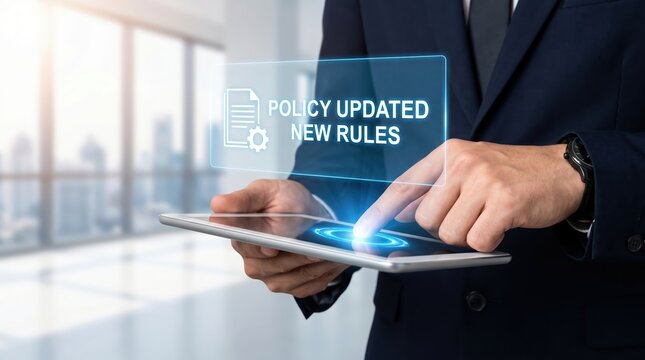 Businessman touching tablet screen displaying policy updated new rules notification technology 1