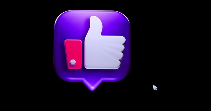 3D purple speech bubble with white thumbs up like icon and clicking mouse cursor on black background. Dynamic social media call to action animation for YouTube, Instagram, TikTok and Facebook.