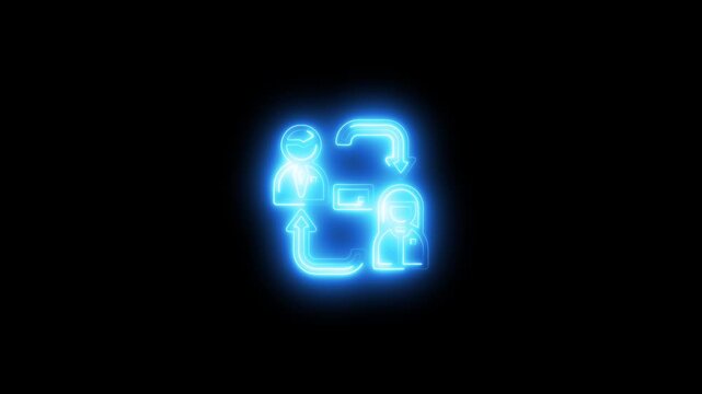 Neon business communication animation: digital networking and data exchange