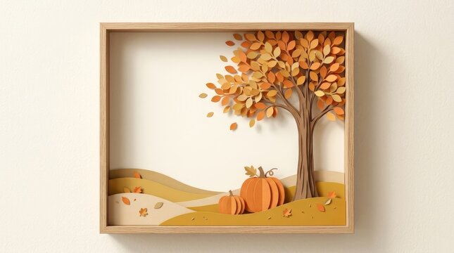 A beautiful three dimensional paper craft shadow box featuring a peaceful autumn landscape with a golden tree