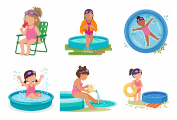 Collection of cute little girls playing in inflatable pools, summer vacation water activities flat vector illustration