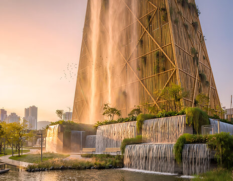 Innovative bamboo structure with flowing waterfalls, biophilic design in urban landscape